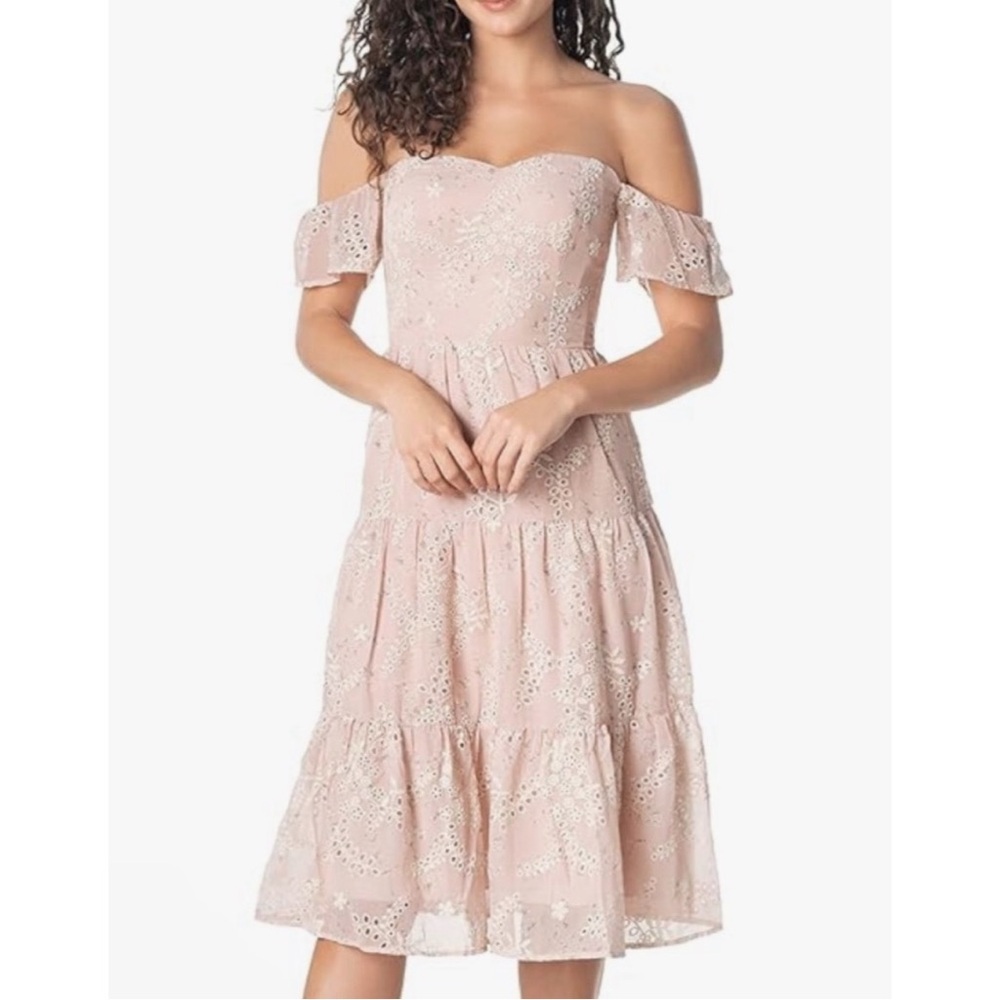 Dress The Population River Floral Eyelet Pink Off-Shoulder Dress NWOT